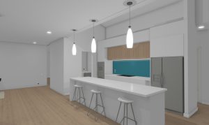 Kitchen with high raked ceilings and natural light, looking through to the butler's pantry